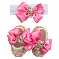 Βρεφικό σετ δώρου παπούτσια και κορδέλα για κορίτσια Princess φούξια κοριτσίστικα στρασάκια δωράκια νεογέννητα (1)