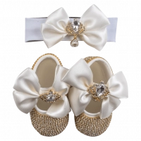 Βρεφικό σετ δώρου παπούτσια και κορδέλα για κορίτσια Princess χρυσό στρασάκια νεογέννητα δωράκια κορώνα (1)