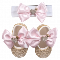 Βρεφικό σετ δώρου παπούτσια και κορδέλα για κορίτσια Heart ροζ χρυσό κοριτσίστικα δωράκια μπέμπα (1)