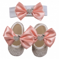 Βρεφικό σετ δώρου παπούτσια και κορδέλα για κορίτσια Heart σομόν κοριτσίστικα μωράκια μπέμπα στρασάκια online (1)