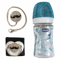 Σετ μπιμπερό πιπίλα Chicco για αγόρια μουστάκι με στρας αγορίστικα online  δωράκια μωρά νεογέννητα online (1)