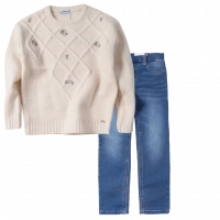 Παιδική μπλούζα Mayoral για κορίτσια Samor μπεζ πλεκτή  μπλούζες πουλόβερ ζεστές κοριτσίστικες μακρυμάνικες επώνυμες (1) | Παιδικό παντελόνι Mayoral για κορίτσια Jeans μπλε καθημερινό ελαστικό τζιν άνετο βόλτα online2 
