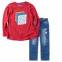 Παιδική μπλούζα GUESS για αγόρια Funky κόκκινη κάζουαλ καθημερινή ετών online1 | Παιδικό παντελόνι Online για αγόρια Authentic μπλε καθημερινό άνετο βόλτα  σκισμένο τζιν ετών online (1) 