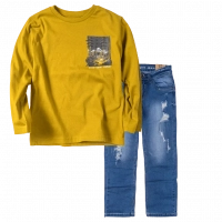 Παιδική μπλούζα Mayoral για αγόρια GoodDays ahead μουσταρδί λεπτές μπλούζες αγορίστικες μακρυμάνικες επώνυμες | Παιδικό παντελόνι Online για αγόρια Authentic μπλε καθημερινό άνετο βόλτα  σκισμένο τζιν ετών online (1) 