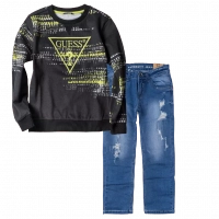 Παιδική μπλούζα GUESS για αγόρια Code Μαύρο καθημερινές επώνυμες μακρυμάνικες μπλούζες online 1 | Παιδικό παντελόνι Online για αγόρια Authentic μπλε καθημερινό άνετο βόλτα  σκισμένο τζιν ετών online (1) 