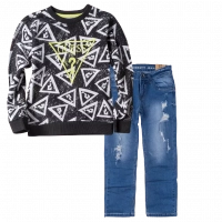 Παιδική μπλούζα GUESS για αγόρια Full Questions Mαύρο καθημερινές επώνυμες μακρυμάνικες μπλούζες online | Παιδικό παντελόνι Online για αγόρια Authentic μπλε καθημερινό άνετο βόλτα  σκισμένο τζιν ετών online (1) 