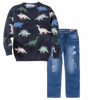 Παιδική μπλούζα New College για αγόρια Jurassic μπλε καθημερινή άνετη πλεκτή ζεστή σχολείο ετών online (1) | Παιδικό παντελόνι Online για αγόρια Authentic μπλε καθημερινό άνετο βόλτα  σκισμένο τζιν ετών online (1) 