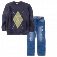 Παιδική μπλούζα Mayoral για αγόρια Amigo μπλε επώνυμες ζεστές πουλόβερ χειμερινές ετών onine | Παιδικό παντελόνι Online για αγόρια Authentic μπλε καθημερινό άνετο βόλτα  σκισμένο τζιν ετών online (1) 