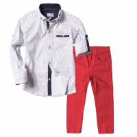 Παιδικό πουκάμισο για αγόρια Essone άσπρο καλά πουκάμισα για αγοράκια ετών βαμβακερά μοντέρνα ιδιαίτερα online | Παιδικό παντελόνι Losan για αγόρια Basic κόκκινο επώνυμα παιδικά ρούχα online αγορίστικα ετών 