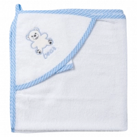 Βρεφική μπουρνουζοπετσέτα για αγόρια bear άσπρο γαλάζιο βαμβακερές παιδικές πετσέτες με γάντι μπάνιο