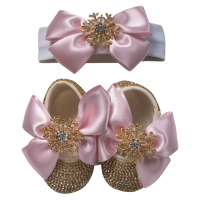 Bρεφικό σετ δωρου παπούτσια και κορδέλα για κορίτσια SnowWhite ροζ πριγκιπικό δώρό για βαπτιση μηνών online (5)