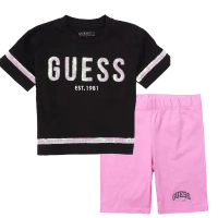 Παιδική μπλούζα Guess για κορίτσια Tristies μαύρο επώνυμη καλοκαιρινή βαμβακερή παγιέτες ετών crop online (2) | Παιδική βερμούδα Guess για κορίτσια Simplify ροζ καθημερινά κοριτσίστικα ετών online (1) 