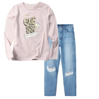 Παιδική μπλούζα GUESS για κορίτσια Peace & Heart ροζ online σχολείο καθημερινή βόλτα ανοιξιάτικη φθινοπωρινή επώνυμη ετών (1) | Παιδικό παντελόνι Name It για κορίτσια Deny μπλε καθημερινά επώνυμα ετών εποχιακά online (1) 