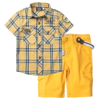 Παιδικό πουκάμισο Miss One για αγόρια 1983 κίτρινο κοντομάνικα πουκάμισα καρό κλασσικά καλοκαιρινά ελληνικά | Παιδική βερμούδα New College για αγόρια Sunrise κίτρινη τιράντες μονόχρωμες αγορίστικες 