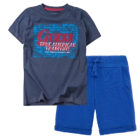 Παιδική μπλούζα GUESS για αγόρια American μπλε αγορίστικα καθημερινά στάμπα επώνυμα κοντομάνικα online (1) | Παιδική βερμούδα Guess για αγόρια Lucky μπλε  8-18 καλοκαιρινή μακό επώνυμη αθλητική ετών online (2) 