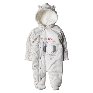 Βρεφικό φορμάκι για κορίτσια Dansees άσπρο για μωρά με σχέδια με κουμπιά με κουκούλα με αυτάκια μοντέρνο ζεστό με χνούδι 