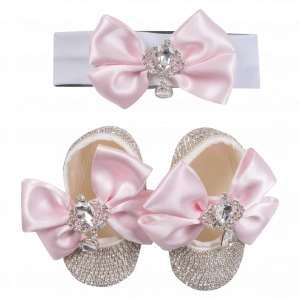 Βρεφικό σετ δώρου παπούτσια και κορδέλα για κορίτσια Princess ροζ μωράκια στράς μηνών (1)