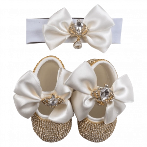 Βρεφικό σετ δώρου παπούτσια και κορδέλα για κορίτσια Princess χρυσό στρασάκια νεογέννητα δωράκια κορώνα (1)