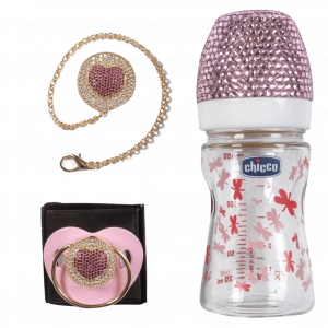Σετ μπιμπερό πιπίλα Chicco για κορίτσια με στρας καρδιά ροζ κοριτσίστικα δώρα μωρά online 5 μηνών (1)