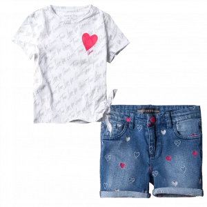 Παιδική μπλούζα GUESS για κορίτσια Heart Άσπρο κοριτσίστικη κοντομάνικη επώνυμη ποιοτική μοντέρνα ιδιαίτερη | Παιδικό σορτς GUESS για κορίτσια Hearts Τζιν κοριτσίστικα μοντέρνα καλοκαιρινά σορτσάκια επώνυμα 