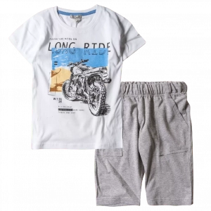 Παιδική μπλούζα New College για αγόρια Long Ride Άσπρο αγορίτστικα κοντομάνικα καλοκαιρινά μπλουζάκια μοντέρνα | Παιδική βερμούδα για αγόρια Progress Γκρι 