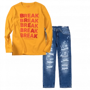 Παιδική μπλούζα Losan για αγόρια Break μουσταρδί εποχιακές καθημερινές μακρυμάνικες σχολεία βόλτες ετών επώνυμες online | Παιδικό παντελόνι Online για αγόρια Vogue μπλε καθημερινό άνετο κάζουαλ σκισμένο βόλτα ετών online (1) 