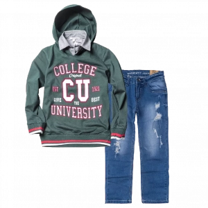 Παιδική μπλούζα New College για αγόρια University Πράσινο αγορίστικα ελληνικά φούτερ μοντέρνα ζεστά | Παιδικό παντελόνι Online για αγόρια Authentic μπλε καθημερινό άνετο βόλτα  σκισμένο τζιν ετών online (1) 