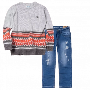 Παιδική μπλούζα Mayoral για αγόρια Carob γκρι  χειμωνιάτικες ζεστές εκδηλώσεις επώνυμα πλεκτές online | Παιδικό παντελόνι Online για αγόρια Authentic μπλε καθημερινό άνετο βόλτα  σκισμένο τζιν ετών online (1) 