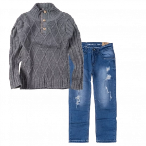Παιδική μπλούζα New College για αγόρια Article γκρι καθημερινό άνετο ζεστό πλεκτό βόλτα σχολείο ετών online (1) | Παιδικό παντελόνι Online για αγόρια Authentic μπλε καθημερινό άνετο βόλτα  σκισμένο τζιν ετών online (1) 