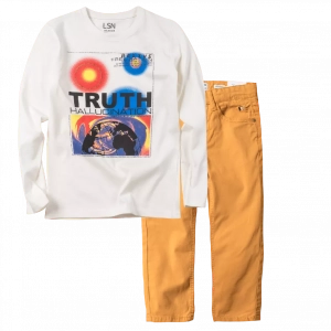 Παιδική μπλούζα Losan για αγόρια Truth άσπρο καθημερινή εποχιακή άνετη επώνυμη ετών online (1) | Παιδικό παντελόνι Mayoral για αγόρια Coconut κίτρινο μοντέρνα παιδικά ρούχα επώνυμα τζιν για αγόρια ετών online 