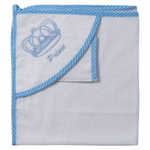 Βρεφική μπουρνουζοπετσέτα για αγόρια prince crown άσπρο γαλάζιο βαμβακερές παιδικές πετσέτες με γάντι μπάνιο
