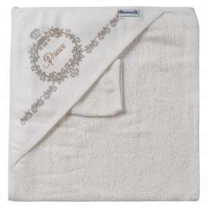 Βρεφική μπουρνουζοπετσέτα για αγόρια Prince άσπρο μπεζ βαμβακερές παιδικές πετσέτες με γάντι μπάνιο