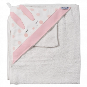 Βρεφική μπουρνουζοπετσέτα για κορίτσια bunny άσπρο σομόν βαμβακερές παιδικές πετσέτες με γάντι μπάνιο