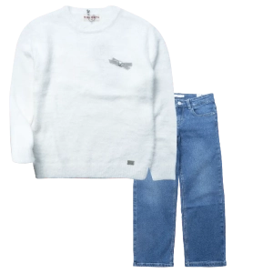 Παιδική μπλούζα Εβίτα για κορίτσια White Bow άσπρο καθημερινές επώνυμες χειμερινές πλεκτές ετών online  (1) | Παιδικό παντελόνι Name it για κορίτσια Pilaties τζιν κοριτσίστικο μοντέρνο καθημερινό ετών online (1) 