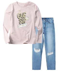 Παιδική μπλούζα GUESS για κορίτσια Peace & Heart ροζ online σχολείο καθημερινή βόλτα ανοιξιάτικη φθινοπωρινή επώνυμη ετών (1) | Παιδικό παντελόνι Name It για κορίτσια Deny μπλε καθημερινά επώνυμα ετών εποχιακά online (1) 