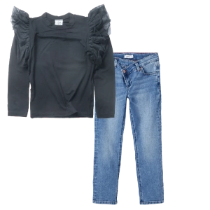 Παιδική μπλούζα Serafino για κορίτσια Veil μαύρο λεπτή ανοιξιάτικη φθινοπωρινή βόλτα ετών casual online (1) | Παιδικό παντελόνι τζιν name it asterisk μπλε jean μοντέρνα ξεβαμμένα φαρδυά καμπάνα μπάγκι 