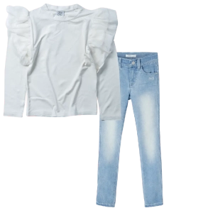 Παιδική μπλούζα Serafino για κορίτσια Veil άσπρο casual online λεπτή ανοιξιάτικη φθινοπωρινή άνετη βόλτα ετών (1) | Παιδικό παντελόνι Name It για αγόρια Boss μπλε εποχιακά καθημερινά ετών επώνυμα online (2) 