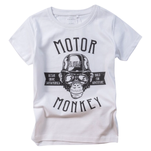 Παιδική μπλούζα Name it για αγόρια Motor Monkey άσπρο βαμβακερό καλοκαιρινό κοντομάνικο οικονομικό ετών online (1)