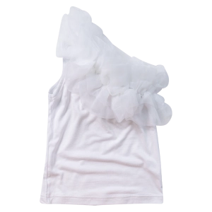 Παιδική μπλούζα Serafino για κορίτσια Fire άσπρο βολάν κοντό καλοκαιρινό ένα ώμο ετών crop online (1)
