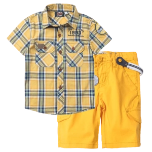 Παιδικό πουκάμισο Miss One για αγόρια 1983 κίτρινο κοντομάνικα πουκάμισα καρό κλασσικά καλοκαιρινά ελληνικά | Παιδική βερμούδα New College για αγόρια Sunrise κίτρινη τιράντες μονόχρωμες αγορίστικες 
