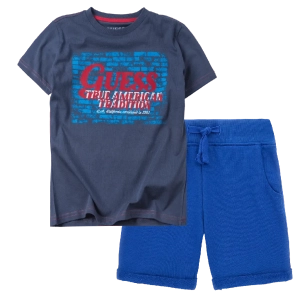 Παιδική μπλούζα GUESS για αγόρια American μπλε αγορίστικα καθημερινά στάμπα επώνυμα κοντομάνικα online (1) | Παιδική βερμούδα Guess για αγόρια Lucky μπλε  8-18 καλοκαιρινή μακό επώνυμη αθλητική ετών online (2) 