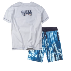 Παιδική μπλούζα GUESS για αγόρια Los Angeles άσπρη αγορίστικες κοντομάνικες καλοκαιρινές λευκές online (2) | Παιδική βερμούδα Guess για αγόρια Bios μπλε επώνυμη μακό βαμβακερή σχολείο καθημερινή ετών online (2) 