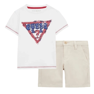 Παιδική μπλούζα Guess για αγόρια Farley άσπρο επώνυμη καλοκαιρινή μακό άνετη ετών online (3) | Παιδική βερμούδα GUESS για αγόρια Sanji (2-7) μπεζ αγορίστικη καλοκαιρινή μοντέρνα ιδιαίτερη επώνυμη ποιοτική (3) 