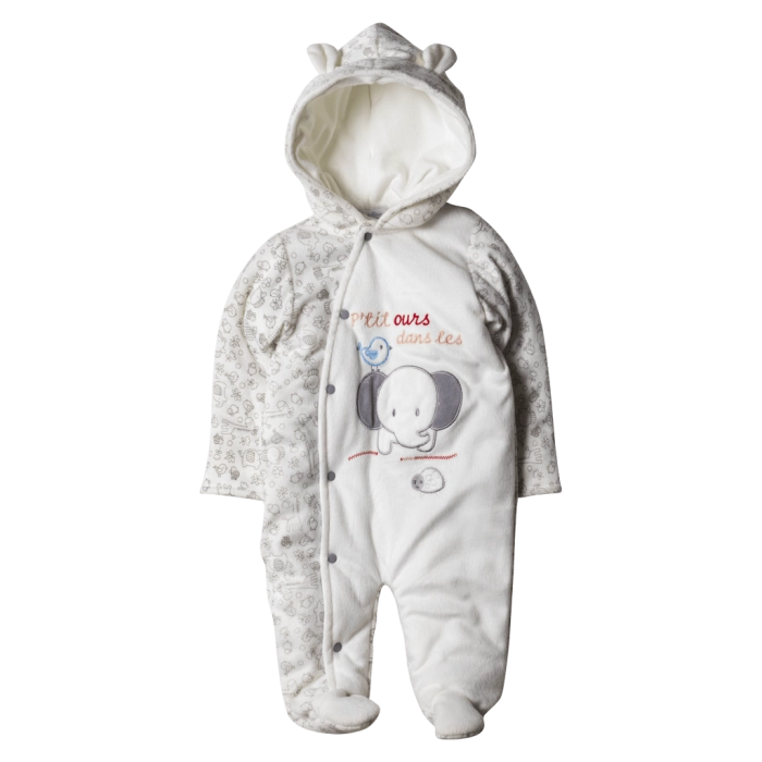 Βρεφικό φορμάκι για κορίτσια Dansees άσπρο για μωρά με σχέδια με κουμπιά με κουκούλα με αυτάκια μοντέρνο ζεστό με χνούδι 