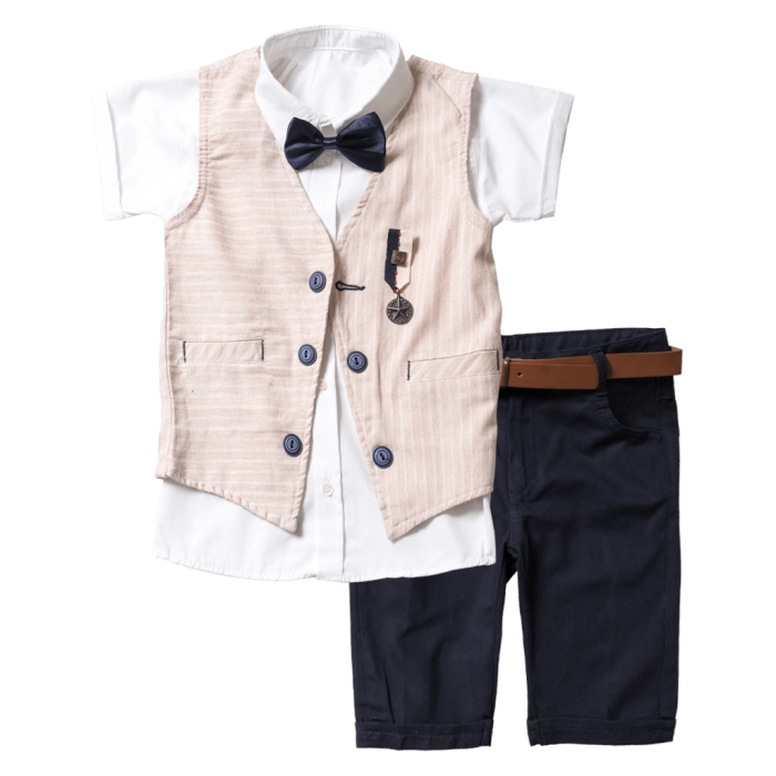 Παιδικό σετ για αγόρια San Fransisco μπεζ σετάκια μοντέρνα με πουκάμισο γιλέκο καλοκαιρινά ιδιαίτερα για αγοράκια ετών online