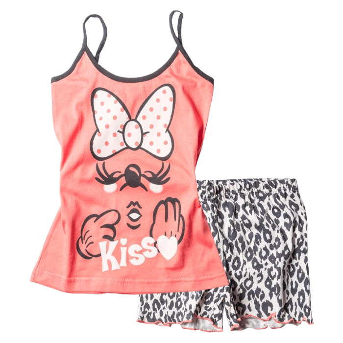 Παιδική πιτζάμα Like για κορίτσια Kiss Πορτοκαλί κοριτσίστικες καλοκαιρινές μοντέρνες ελληνικές πιτζάμες