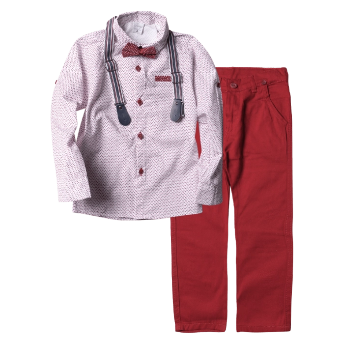 Παιδικό σετ για αγόρια Cesky Κόκκινο αγορίστικο ολοκληρωμένο σετ με πουκάμισο παπιγιόν τιράντες παντελόνι