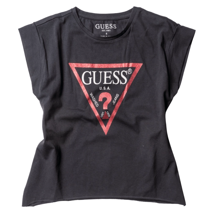 Παιδική μπλούζα GUESS για κορίτσια QuestionMark Μαύρο Κόκκινο κοριτσίστικη κοντομάνικη επώνυμη ποιοτική μοντέρνα ιδιαίτερη