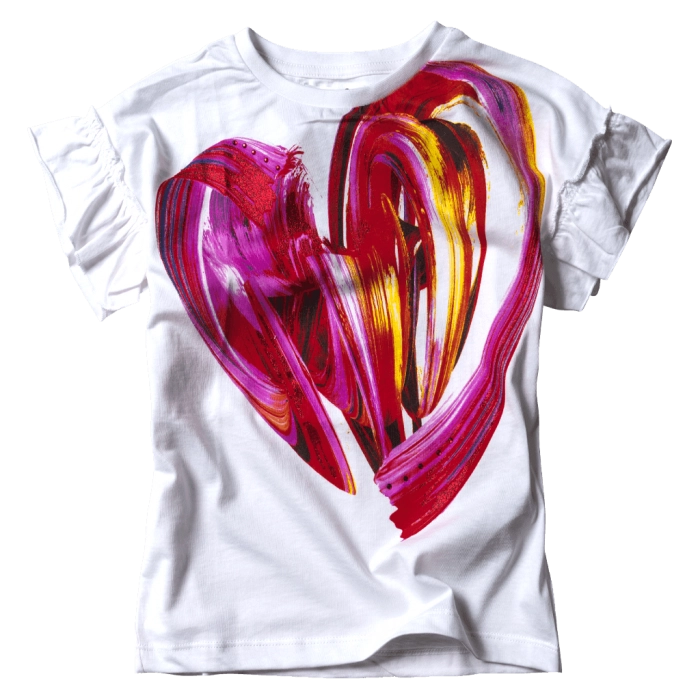 Παιδική μπλούζα DESIGUAL για κορίτσια Heart άσπρη κοριτσίστικα T Shirt καλοκαιρινά επώνυμα μοντέρνα με στάμπα με στράς