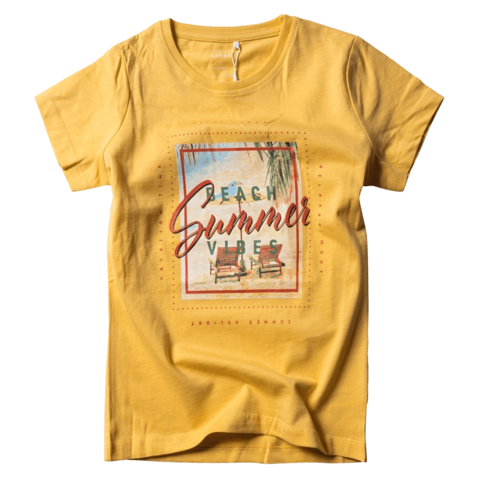 Παιδική μπλούζα Name it για αγόρια Summer κίτρινο αγορίστικο T shirt με στάμπα επώνυμα ελληνικά οικονομικά μοντέρνα